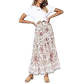 MEROKEETY Women's Boho Floral Print Elastic High Waist Pleated A Line Maxi Skirt