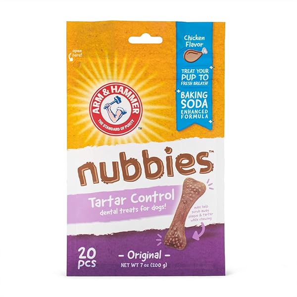 ARM & HAMMER FOR PETS NUBBIES DENTAL TREATS – BAKING SODA & CALCIUM DOG DENTAL CHEWS, NUBBED TEXTURE HELPS SCRUB PLAQUE & TARTAR WHILE CHEWING, CHICKEN FLAVOR, 20 COUNT, 7 OUNCE