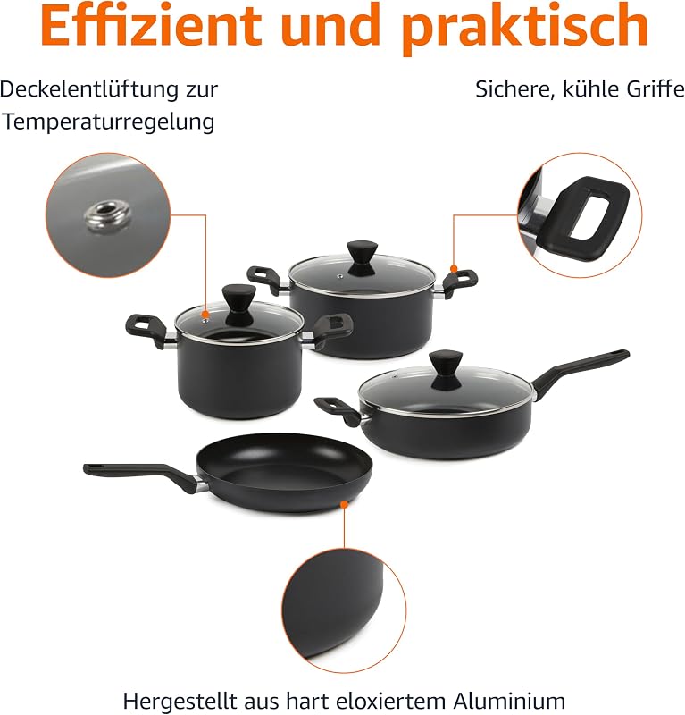 10-teiliges Keramik-Antihaft-Kochgeschirr-Set, Stapelbar, Töpfe und Pfannen mit Deckeln, Spülmaschinenfest, Backofengeeignet bis 175°C, für alle Herdarten außer Induktion, Schwarz — Foto 2 von 6