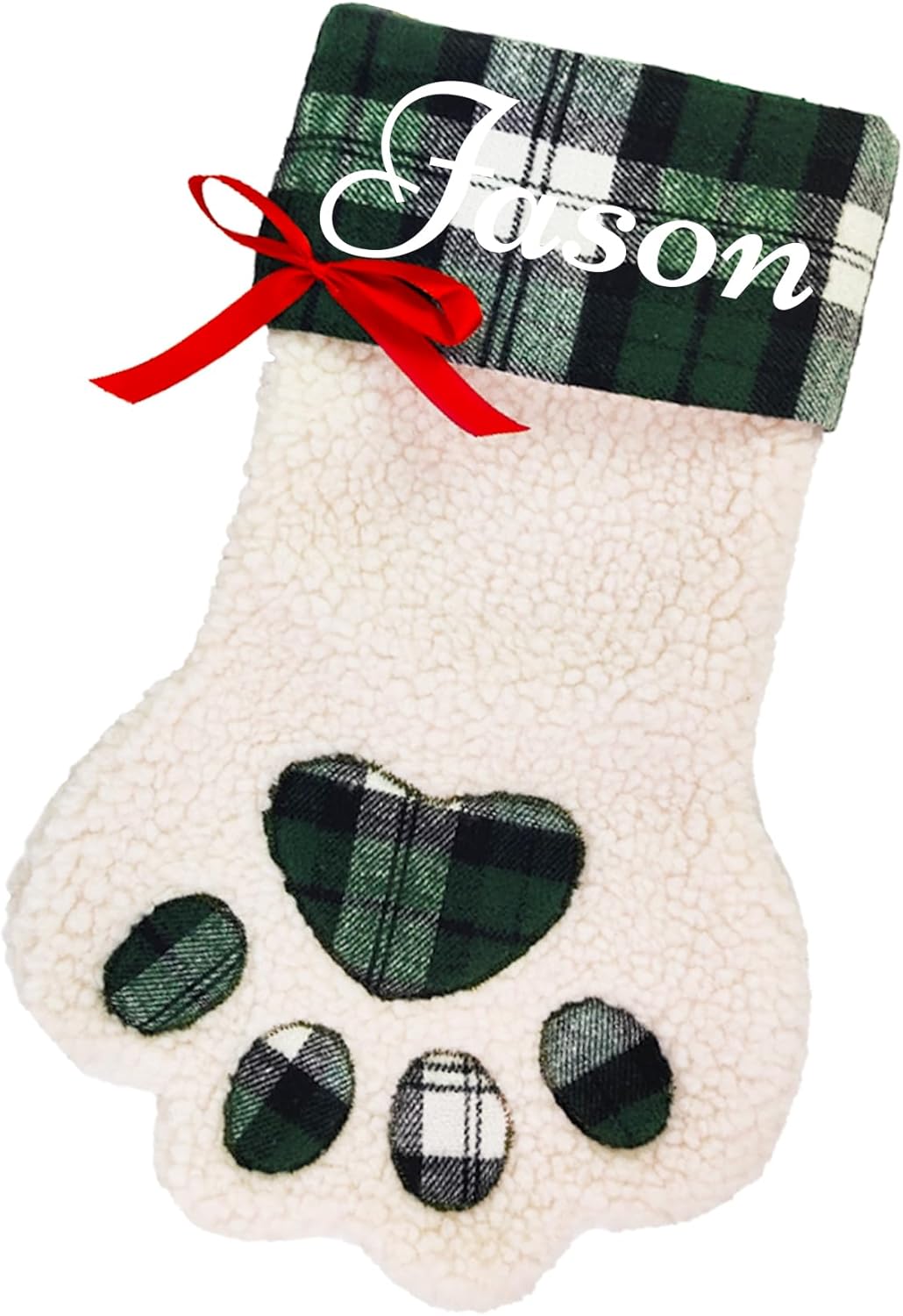 Stockings & Holders - Personalized Christmas Stocking for Dogs, Customized Dog Pet Paws with Name, White Faux Sherpa with Green Plaid Cuff & Dog Bone Accents, Perfect for Festive Christmas Fireplace Hanging Decorations