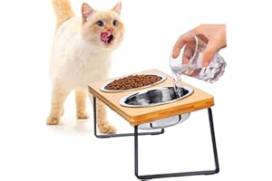 FUNACAY Elevated Cat Bowls, Raised Cat Bowl with 32 oz Stainless Steel Food Bowls Non-Slip Feeder for Cats and Puppy, 15° Tilted Raised Pet Dishes, Indoor Food Bowl with Bamboo Stand Anti Vomiting