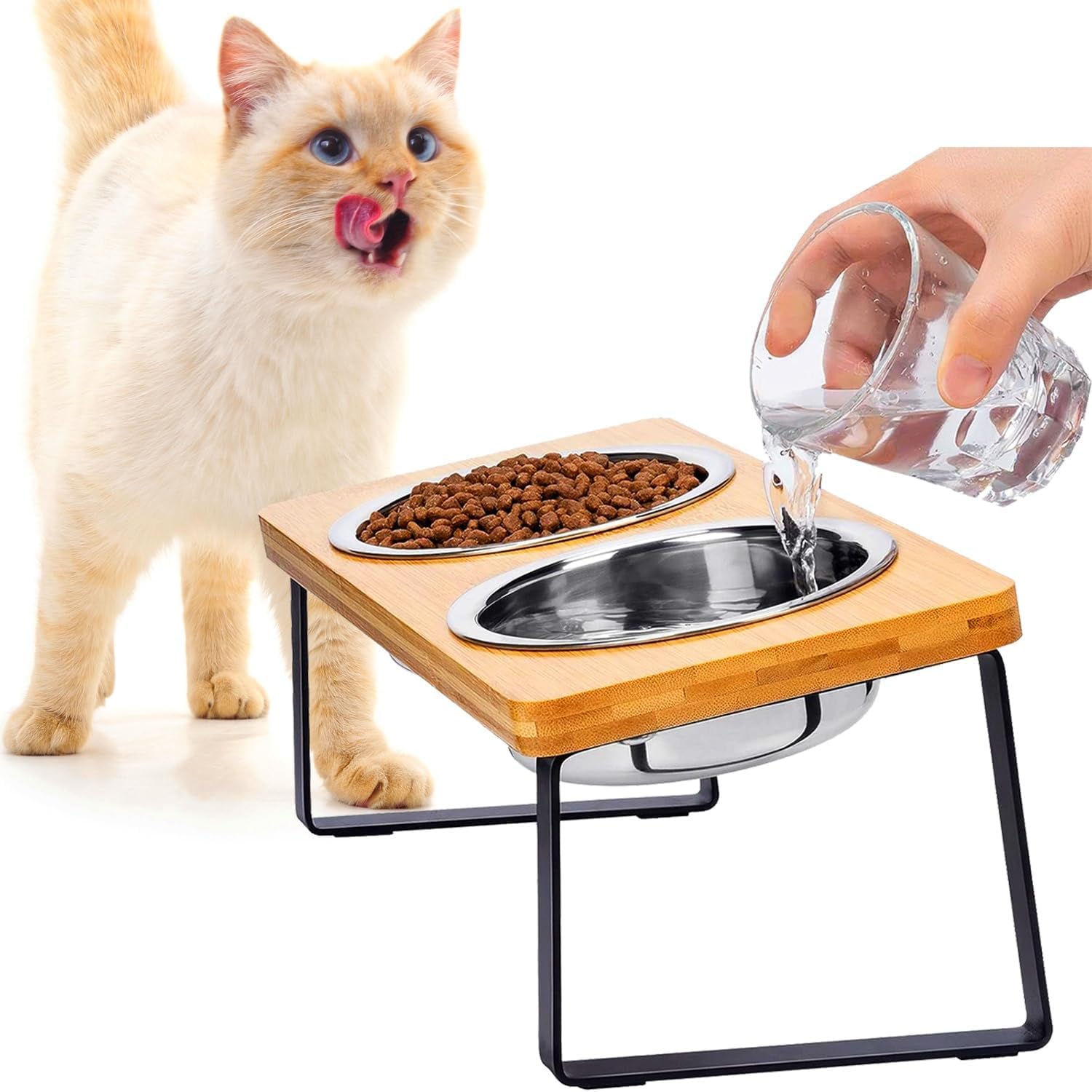 Photo 1 of FUNACAY Elevated Cat Bowls, Raised Cat Bowl with 32 oz Stainless Steel Food Bowls Non-Slip Feeder for Cats and Puppy, 15° Tilted Raised Pet Dishes, Indoor Food Bowl with Bamboo Stand Anti Vomiting