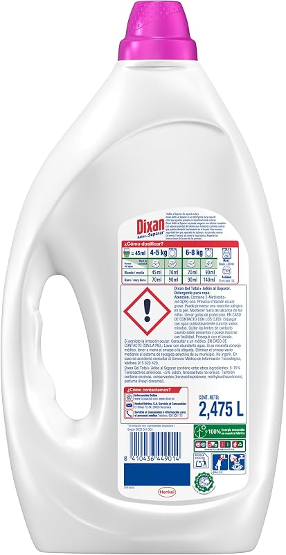 Gel Adiós al Separar Total 4+1, Detergente Líquido para Lavadora 55 Lavados, jabón líquido para la ropa de color, limpieza, luminosidad, frescor y sostenibilidad