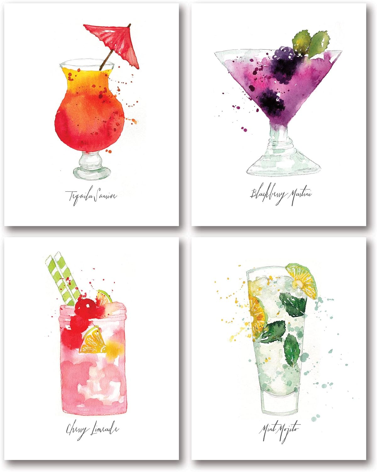 Amazon Com Fun Colorful Watercolor Style Blackberry Martini Cherry Limeade Mint Mojito Tequila Sunrise Four 8x10in Poster Prints Posters Prints