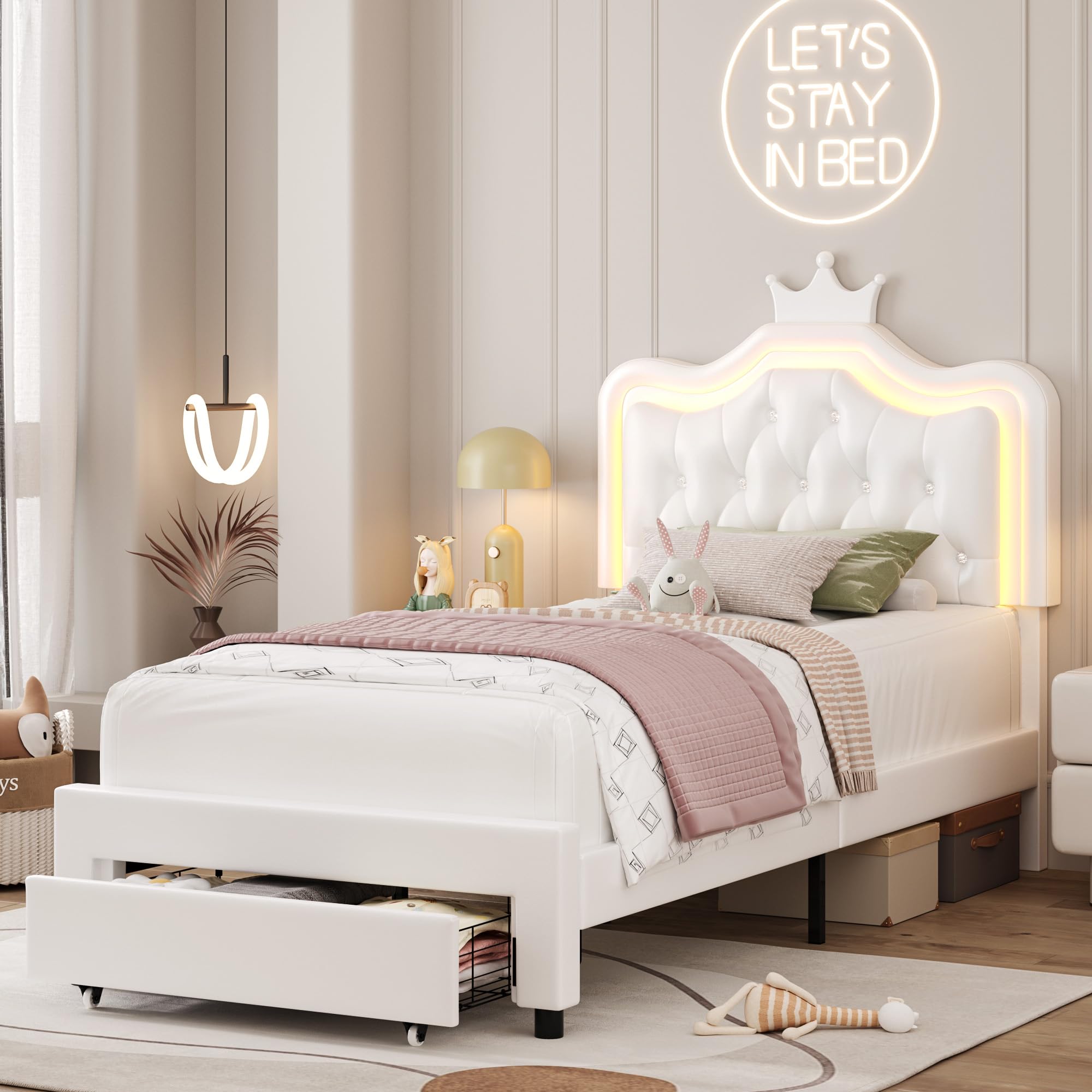 Keyluv Twin Upholstered LED Bed Frame with Storage Drawer, Leather Princess Platform Bed with Adjustable Crystal Button Tufted Crown Headboard, Solid Wooden Slats Support, No Box Spring Needed, White Image