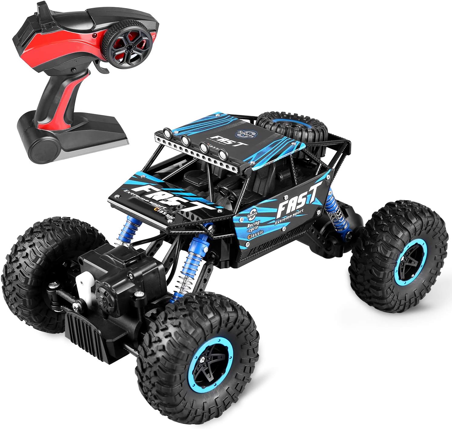 ZJTL Remote Control Toy Blue Rally Buggy RC Car 2.4Ghz 4 WD High Speed Crawler 1:18 Scale Size w/ Working Suspension, Spring Shock