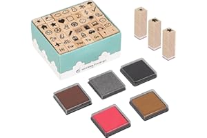 KOQYE 47PCS Wooden Rubber Stamps Set with 5 Mixed Ink Pads, Mini Weather, Plans and Schedules Stamps for Crafting Cards Making DIY Scrapbooking Photo Album Decoration
