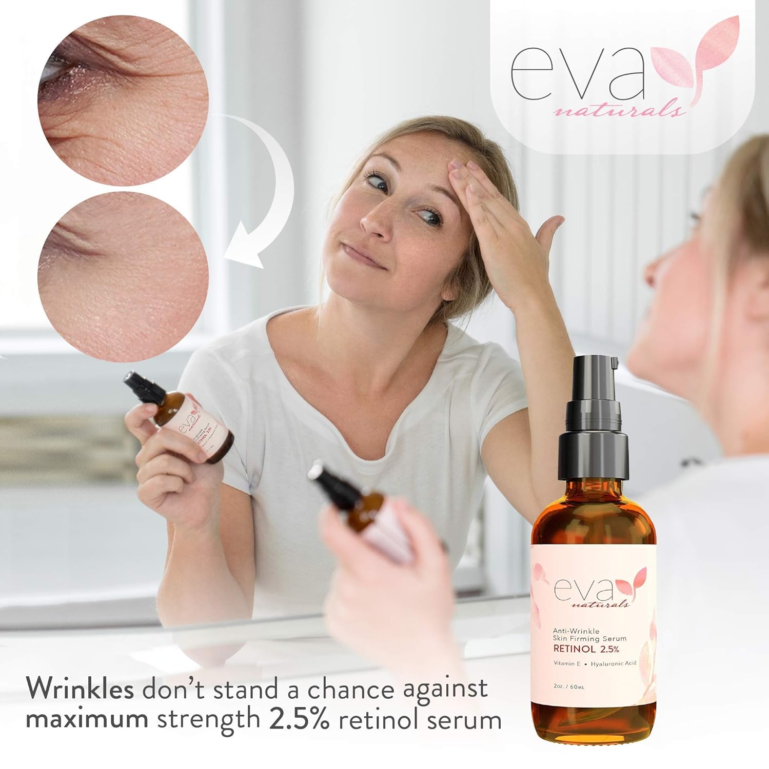 Natural Vitamin A Retinol Serum 2.5%, XL 2 oz. Bottle – Anti-Aging Serum + Vitamin E Oil, Jojoba Oil, Witch Hazel – Hyaluronic Acid Serum for Face Fades Wrinkles, Dark Spots, Damage by Eva Naturals: Beauty