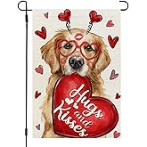 CROWNED BEAUTY Valentines Day Garden Flag Dog Heart 12x18 Inch Double Sided Red Hugs Kisses Welcome Decoration for Outside Yard CF1913-12
