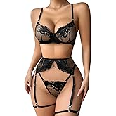 Lilosy Sexy Floral Embroidery Mesh Sheer Underwire Push Up Garter Belt Lingerie Set 3 Piece