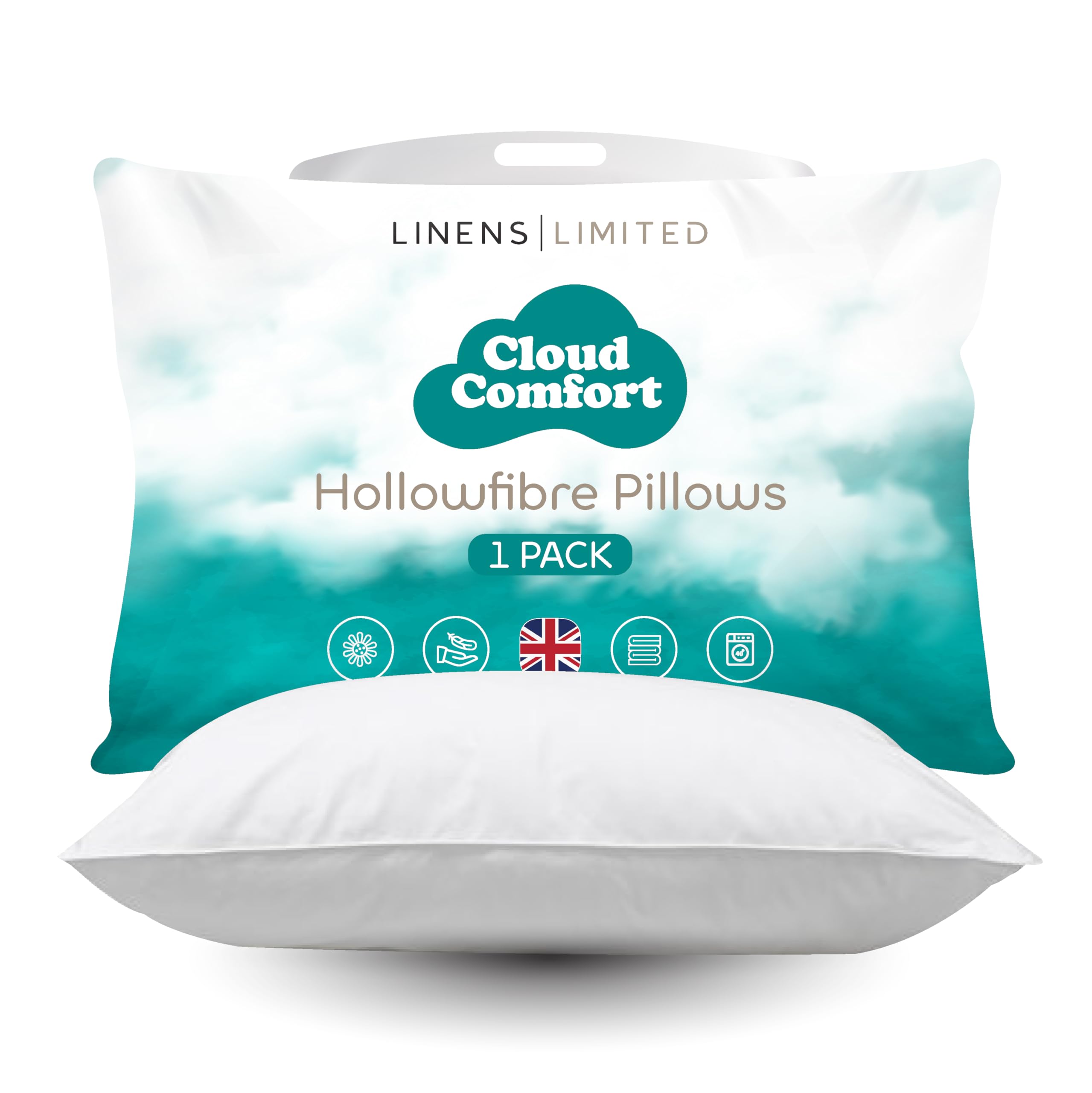 Linens Limited - Soft Pillows 1 Pack, Made in the UK, Cloud Comfort, Soft and Firm with Orthopedic Support, Non-Allergenic Polycotton Polyester Hollowfibre, Machine Washable (White)