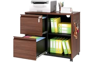BYNSOE File Cabinet with Charging Station Mobile Filing Cabinet with Lock Lateral File Cabinet Printer Stand with Open Storage Shelves for Home Office (Brown, Left Drawer)