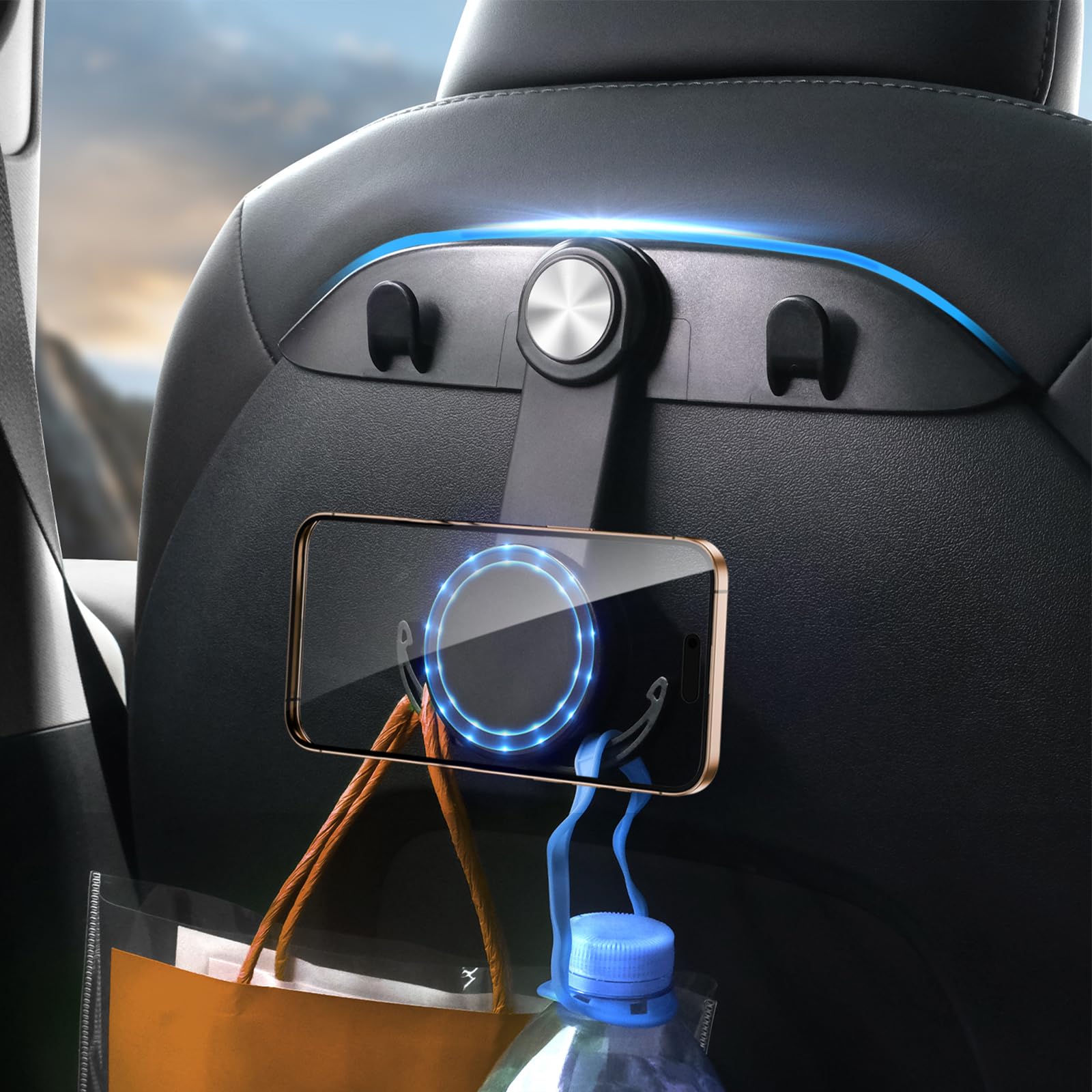 Photo 1 of DICMKY 1 Pack Tesla Car Seat Hooks & Magnetic Phone Holder for Tesla Model Y(Juniper) Model 3(Highland) Accessories 2026 2025 2024 2023 2022 2021, Car Seat Back Storage Purse/Bag/Hat Hook for iPhone