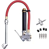 Wynnsky Dual Foot Tire Inflator Gauge With 12 Inch Hose With Storage Case / 1 Piece 4-way tool/ 4 Piece Valve cores/ 4 Piece Plastic caps