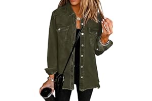 UEAL Womens Oversized Button Down Frayed Hem Denim Shacket Casual Long Sleeve Jean Jackets 2025 Spring Outfits