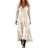 Halloween Skeleton Dress for Women Boho Floral Gothic Party Maxi Dresses | Gothic Costume Dress,Boho Western Outfit,Floral Skeleton Print,Halloween Midi Dress,Long Sleeve V Neck