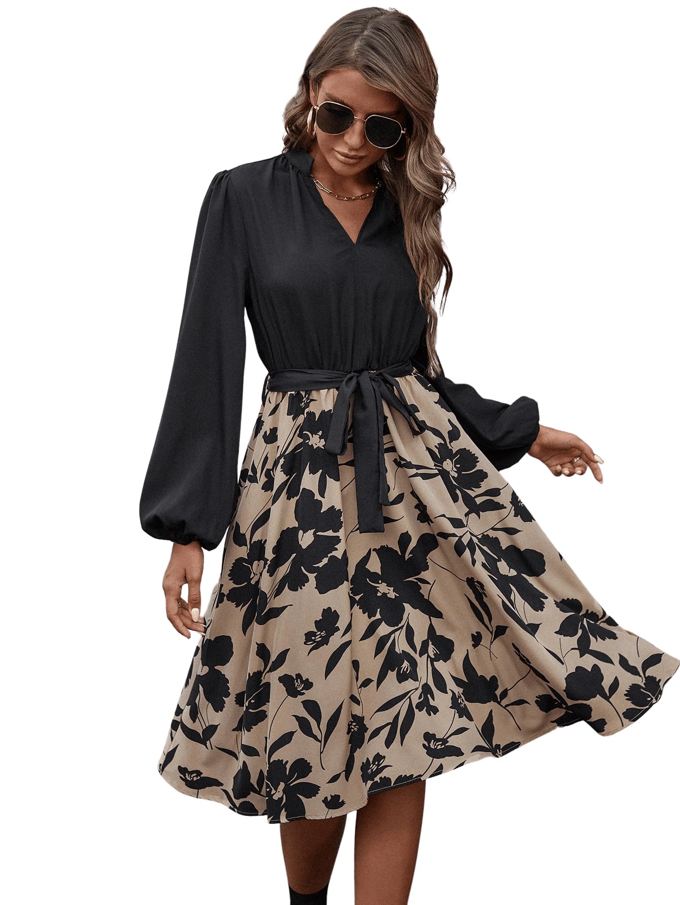 Verdusa Women's Lantern Sleeve Floral Print V Neck Belted A Line Midi Flared Dress Black Khaki XL