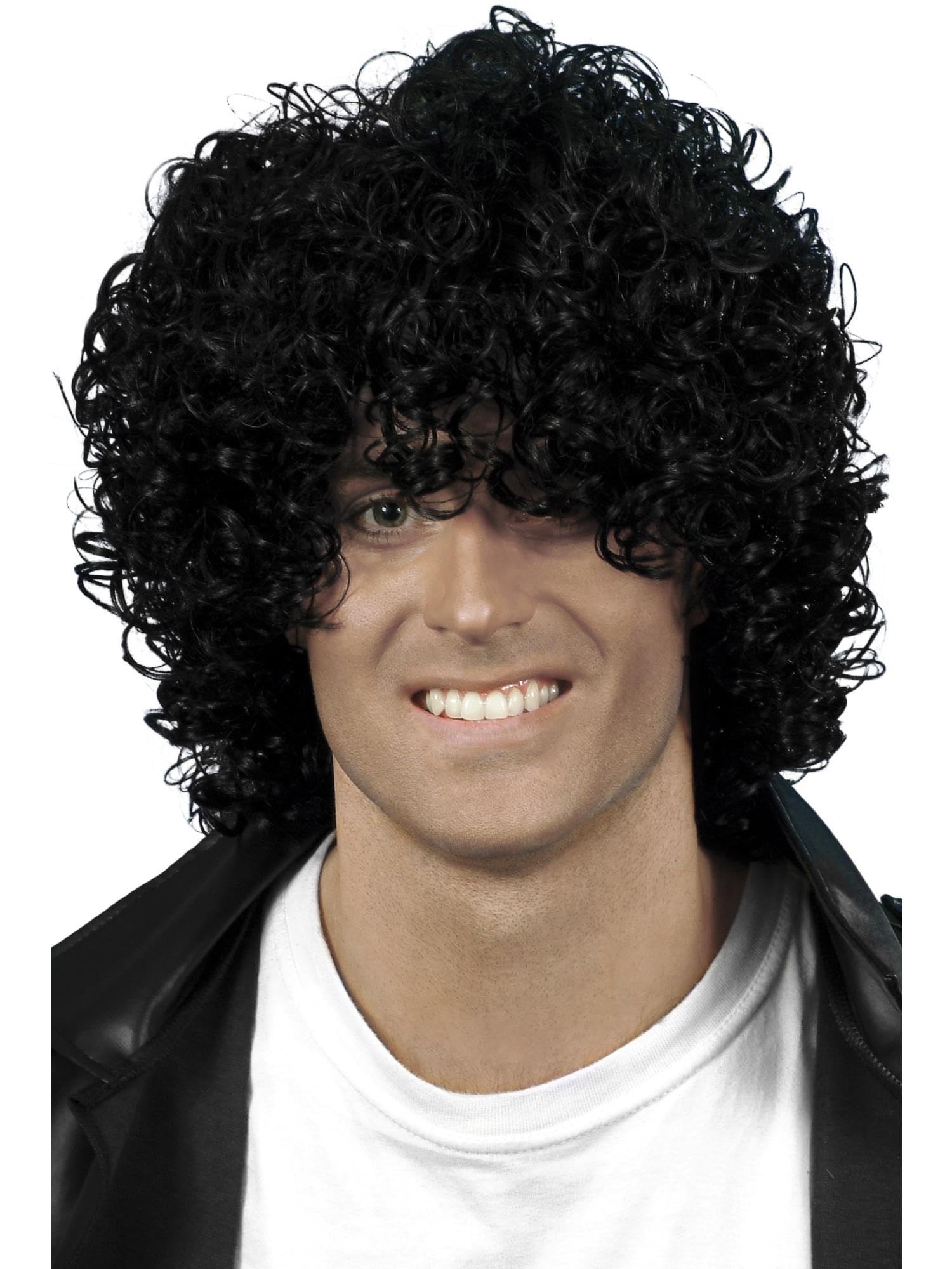 Smiffys Afro Wet Look Wig, Black Curly, 1980's Fancy Dress, Adult Dress Up Wigs