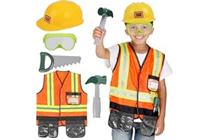 Popsunny Kids Construction Worker Toys, Toddler Tool Pretend Play with Construction Vest & Hat, Worker Dressup Set for Boys Girls 3 4 5 Years Old