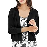 QUALFORT 3/4 Sleeve Sweater for Women Cropped Cardigan Dressy Lightweight Open Front Knit Bolero Shrugs
