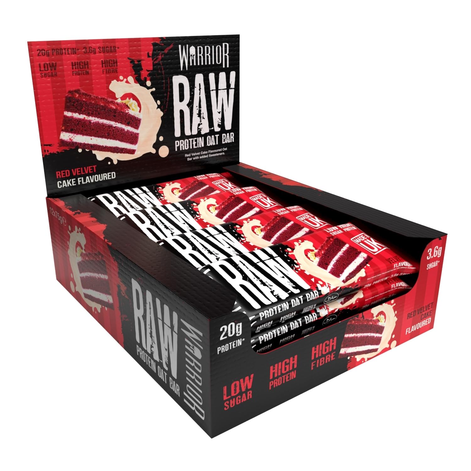 Warrior Raw Proteinriegel 12 x 75 g – Ballaststoffreicher Haferriegel mit Protein, High Protein Snack ohne Zucker, Natürlicher Haferflocken Riegel mit Präbiotika – Red Velvet Kuchen