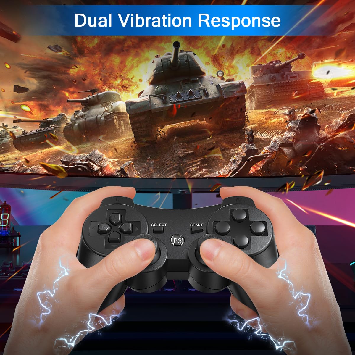 Yinjie 2 Pack Wireless Controller for PS3, Compatible with Playstation 3, with 2 Charging Cables - Black