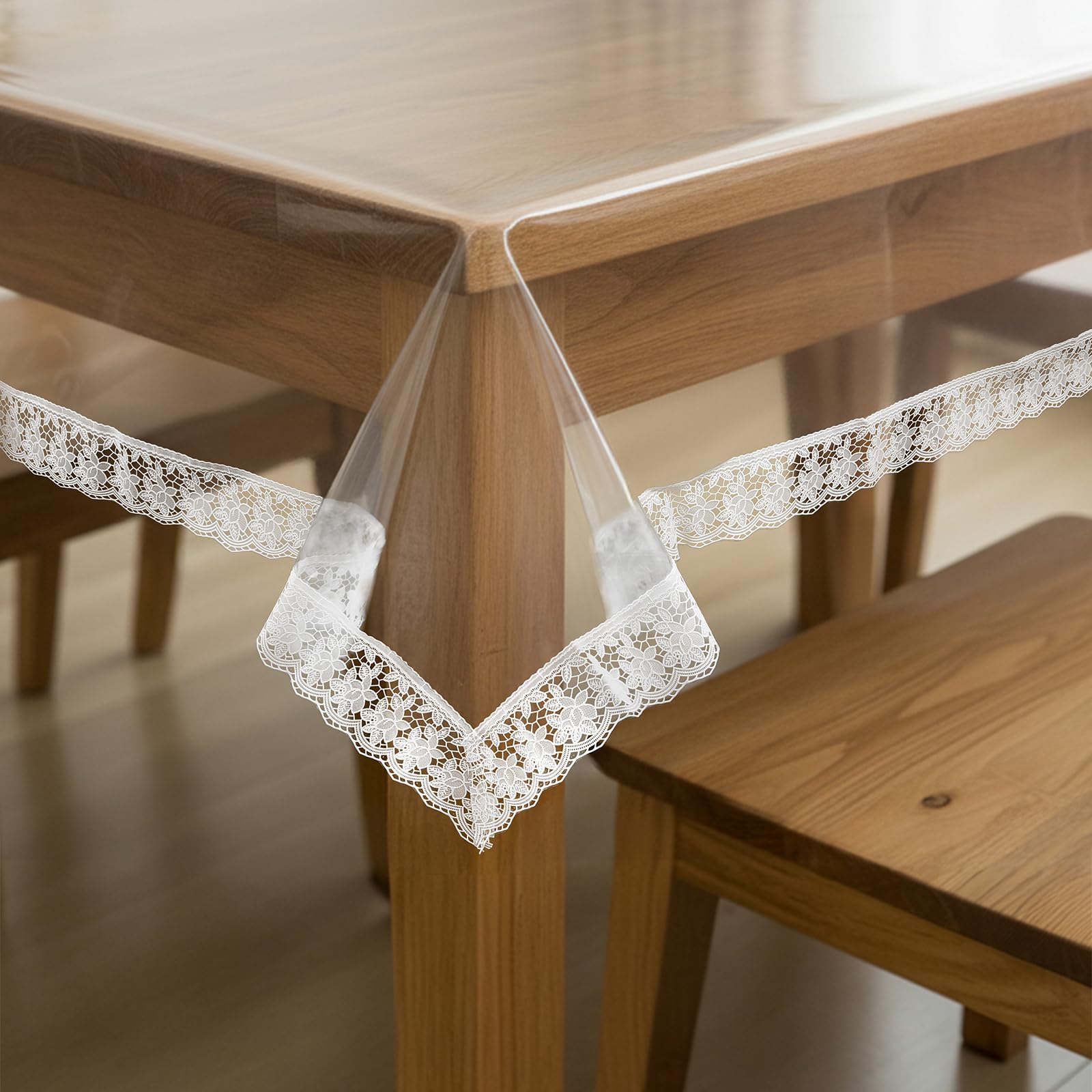 Photo 1 of Caeuiciw 2 Pack 86 x 54 Inch Clear Vinyl Table Cover Protector Waterproof Plastic Tablecloth Dining Table Cover White Lace Tablecloth for Dining Tables Kitchen Home