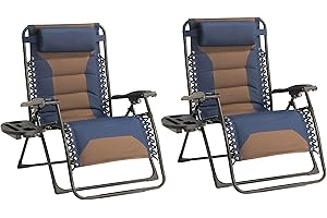 Foristrail Zero Gravity Chair Set of 2 Oversized Padded Recliner with Adjustable Headrest & Cup Holder - 600D Oxford Folding Lounge Chair for Outdoor Camping, Patio, Poolside (Brown & Blue)