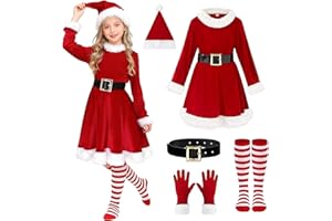 DITAIX 9PCS Santa Claus Costume for Kids: 5-12 Years Velvet Christmas Suit Set with Accessories for Holiday Party Cosplay