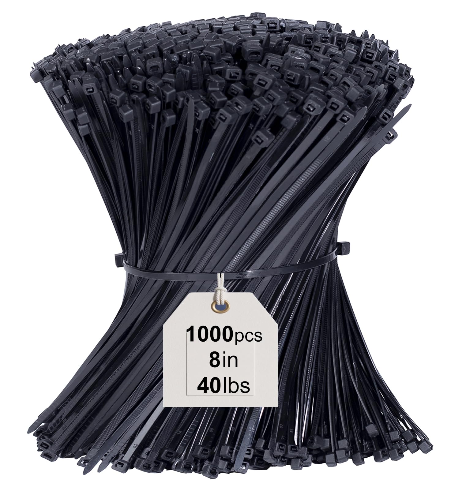 Cable Ties 1000 Pack, 3.6 x 200mm Black Zip Ties 8 inch, 40lbs Tensile Strength with UV Resistant, Tie Wraps Nylon Plastic Ties Self Locking Large Heavy Duty Cable Wrap for Tidy Wires Workshop Garden — image 1