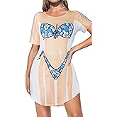 elescat Women's Beach Cover Up Bikini Printed Short Sleeve Tshirt Dress Baggy Cute Coverups