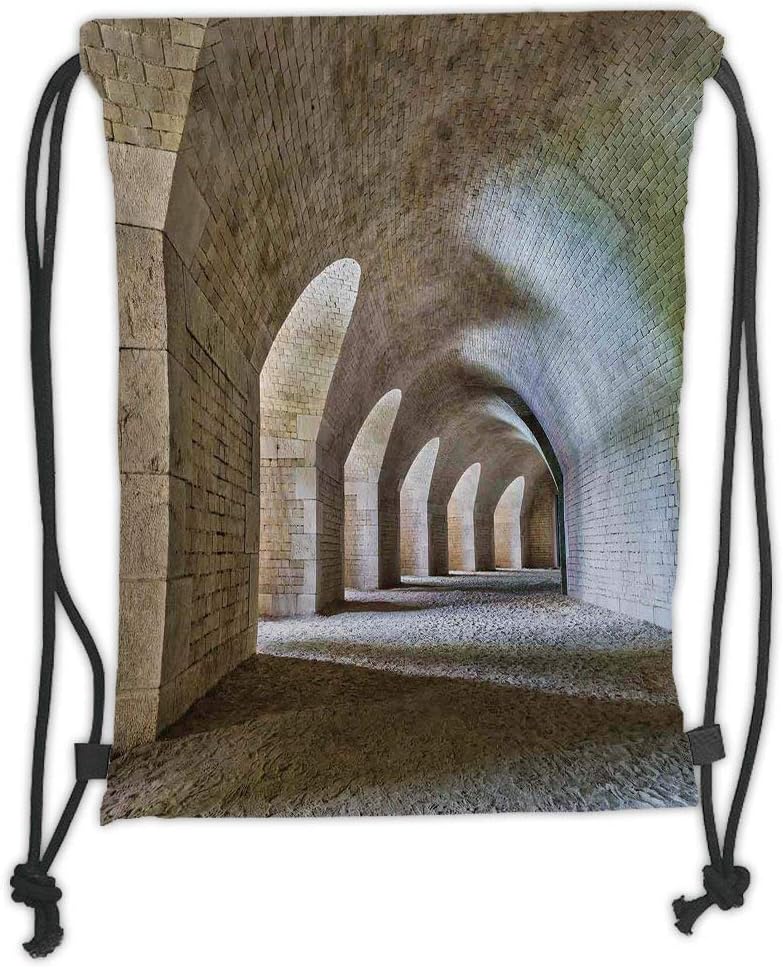 DANCENLI Drawstring Sack Backpacks Bags,Medieval,Castle Tunnel Interior with Arches in a Bastion Fortress Historical Design,Sand Brown Cream Soft Satin,5 Liter Capacity,Adjustable String Closure