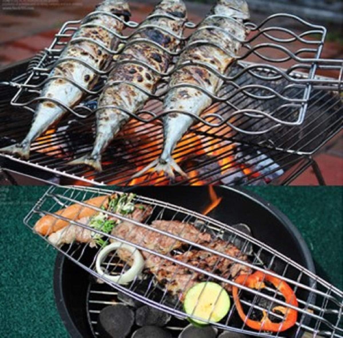 Amazon バーベキュー 魚焼き ソーセージ焼き網セット 各1個 q用 焼き網 q網 魚グリルバスケット ソーセージ フランクフルトグリルバスケット 大きな食材を焼くのに便利 焼いている食材を返すのにお役立ち 金属製 メッシュ取手は木製 大変便利 qツール
