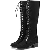 BEAUPAS Women's Knee High Combat Boots Lace Up Low Heel Military Tall Boots
