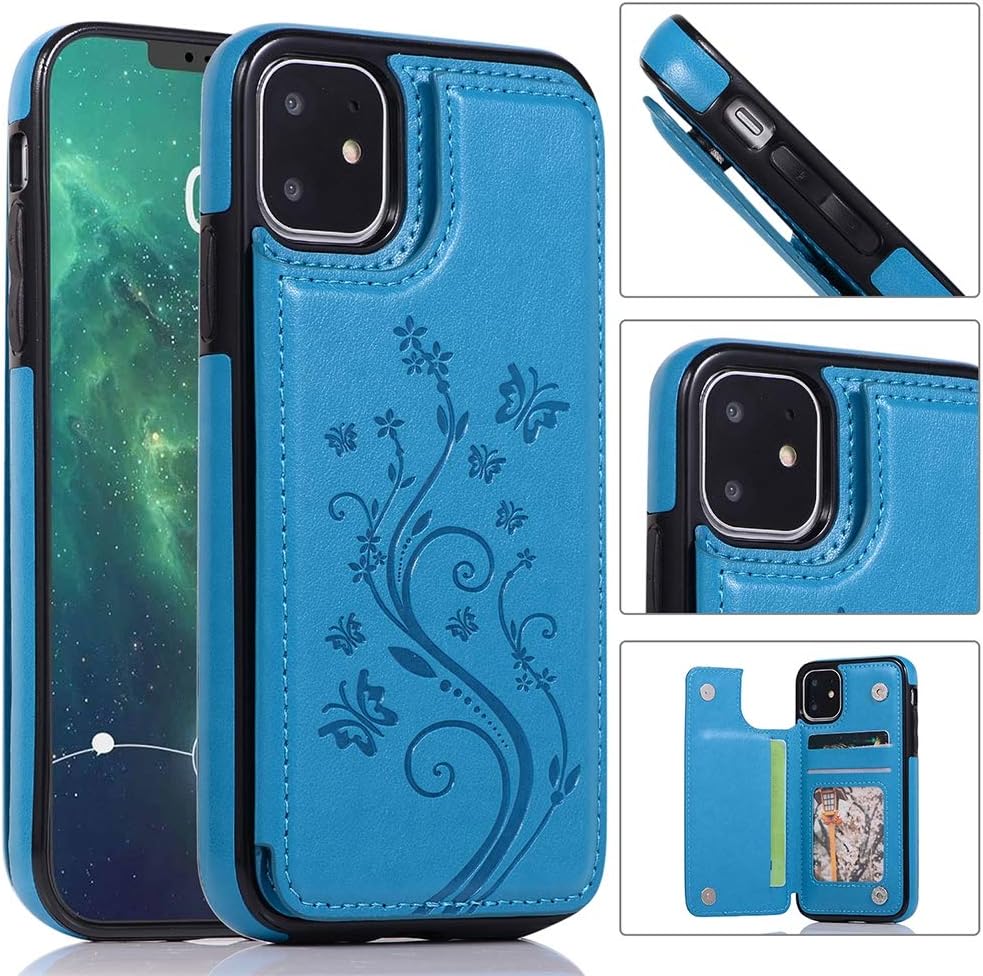 ZHOUAICHENG Embossed Phone Case with Card Holder Embossed Butterfly Floral PU Leather Card Slots Folio Flip Protective Cover Case for iPhone 7/8,Blue,s9PLUS