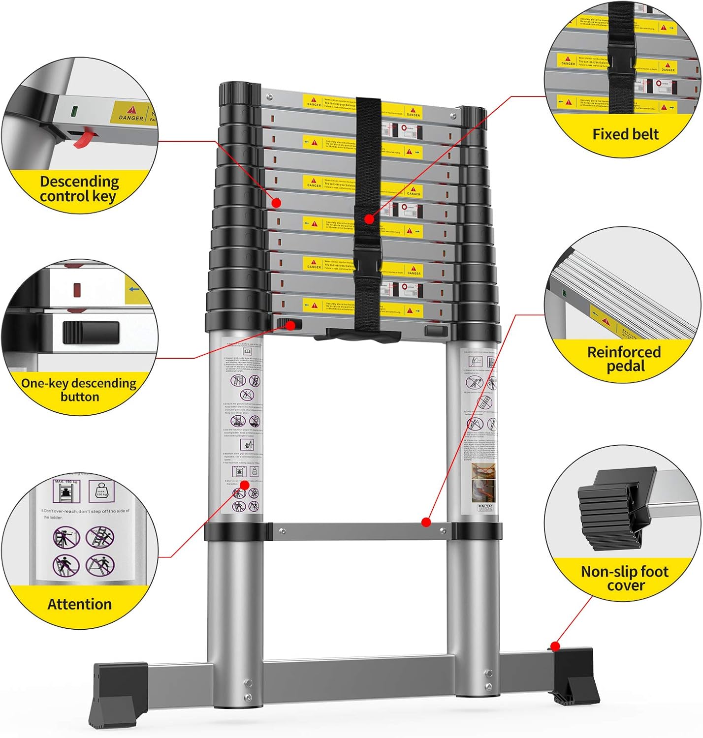 Telescoping Extension Ladder 12.5FT, Newly Aluminum Telescopic Ladder with Slow Down Design for Commercial or Home Use - - 