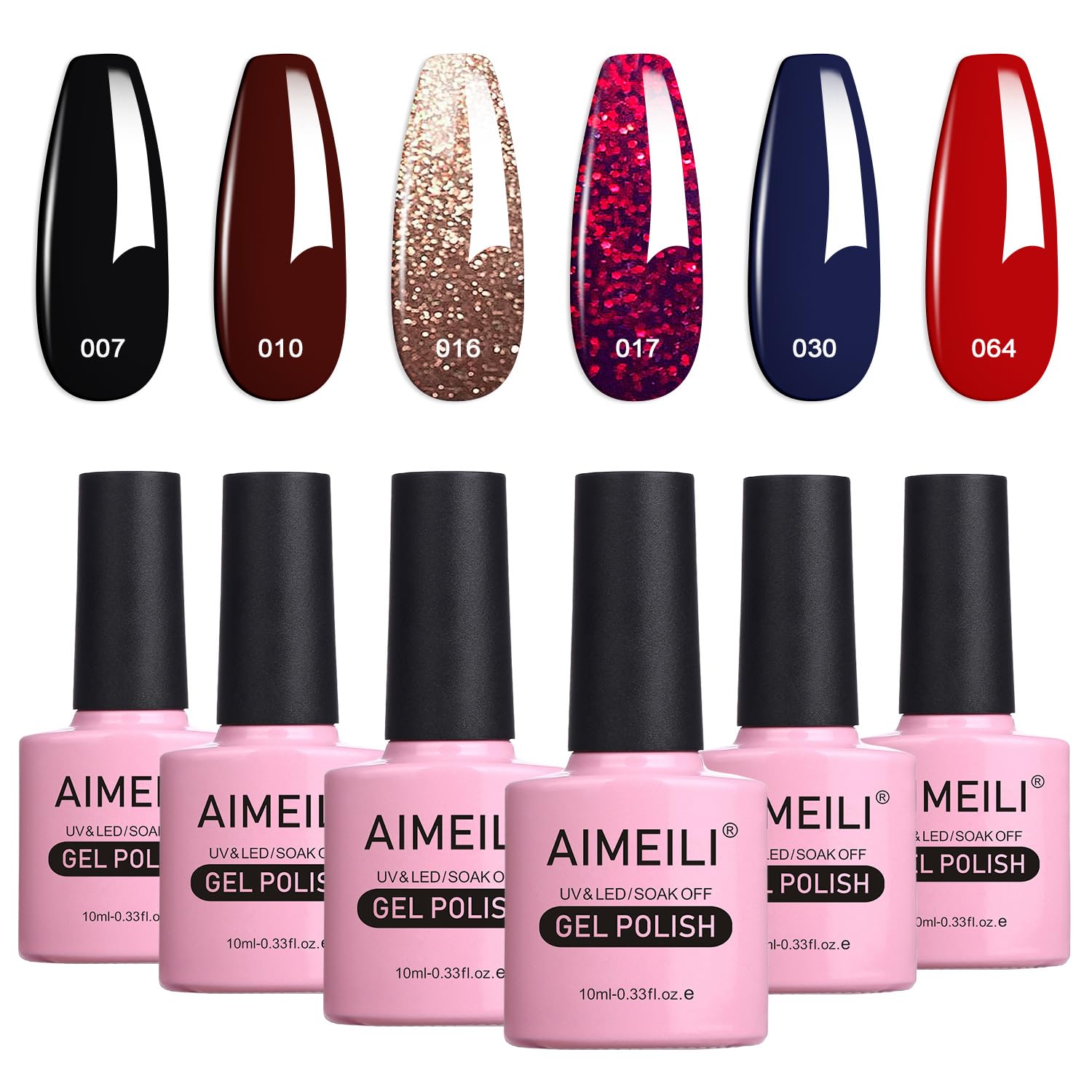 AIMEILI Gel Nail Polishes Red Black Glitter Gel Polish Set Soak Off UV LED Nail Salon Set Gel Varnish Manicure Set - Long Lasting & Easy to Apply 6pcs X 10ml - Kit 21