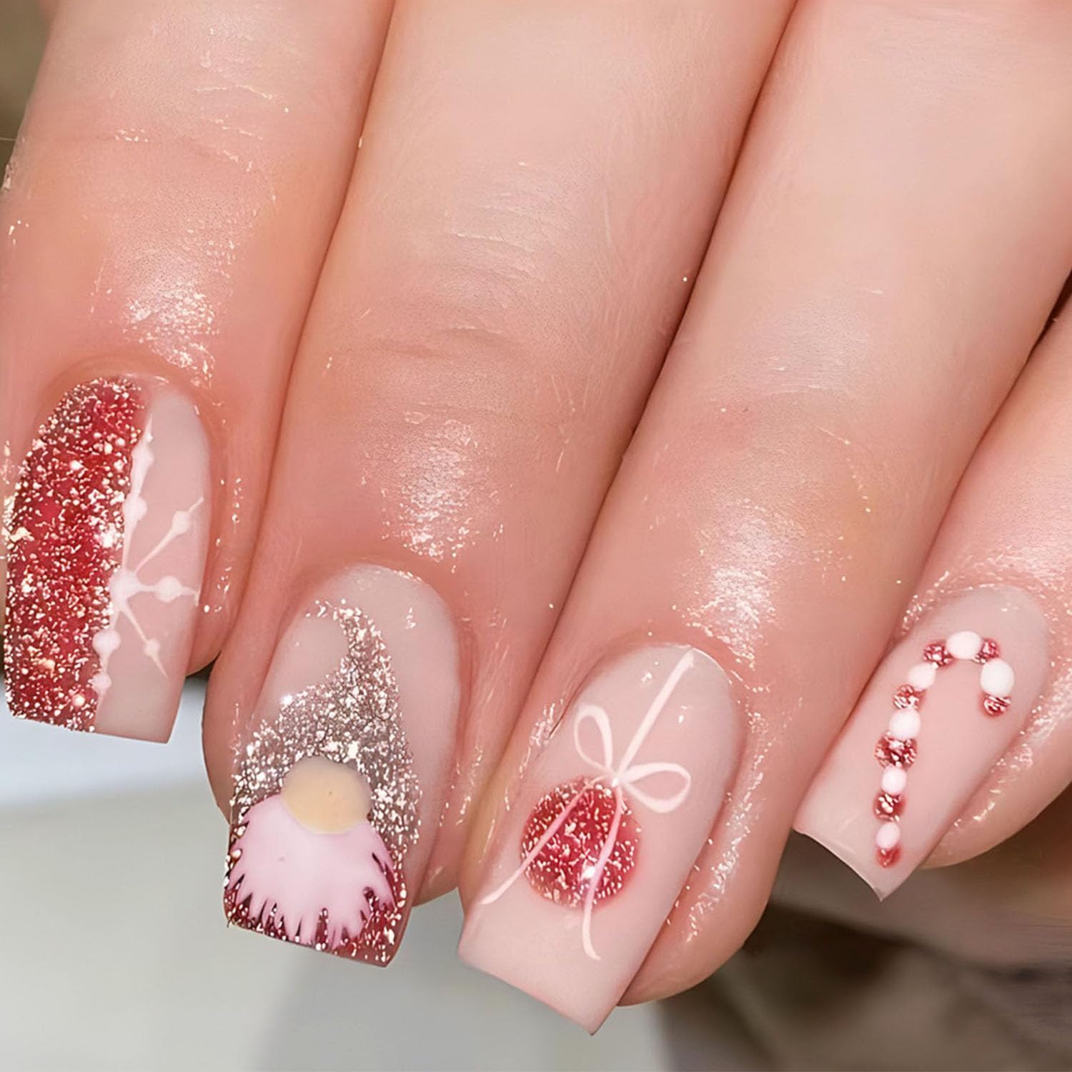 Photo 1 of 24 PCS Christmas Press on Nails Pink Short Square - ZWENJIE Winter Red Glitter Fake Nails Full Cover Artificial Acrylic False Nail Snowman Crutch Snowflake Snowball Designs Xmas Holiday Glue on Nails
