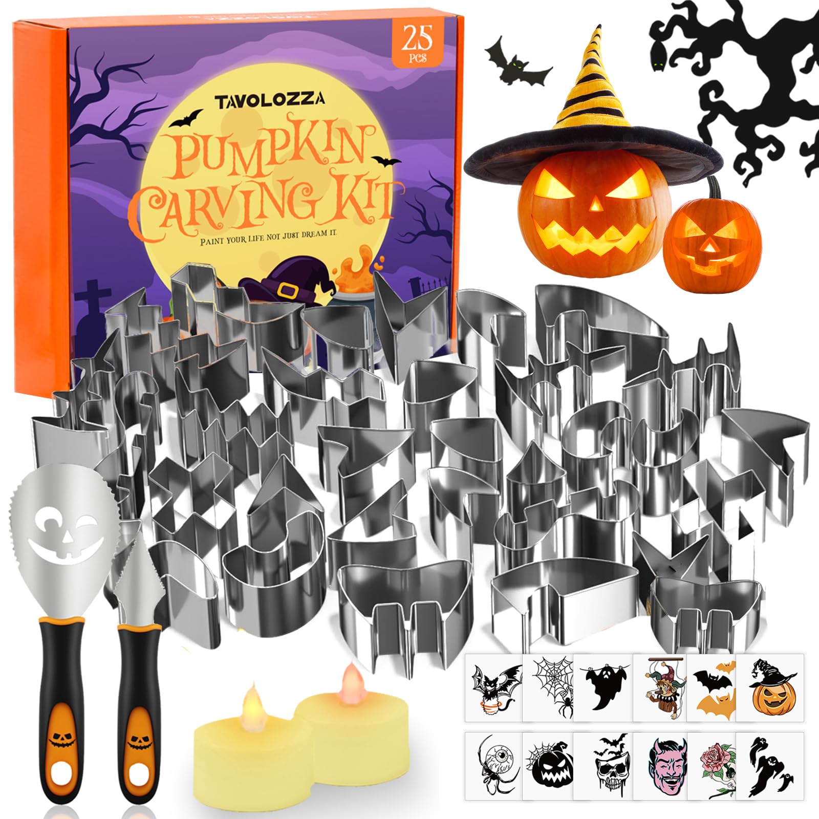 Photo 1 of 37-PCS Pumpkin Carving Kit with Cookie Cutters, LED Lights and 12PCS Stickers, Safe Reusable Stainless Steel Tools, Jack-O-Lantern Carving Set for Adults Kids and Family Halloween Decor