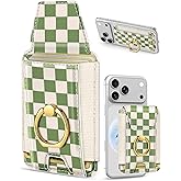 Shorogyt Compatible with Magsafe Wallet with Ring Grip Magnetic Card Holder - Cute Phone Wallets with Stand for iPhone 17/16/15/14/13/12 Series for Women Girls Green Grid Design, Fit 7 Cards