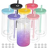 AZEAM 8 PCS Plastic Snow Globe Tumbler,16 oz Double Wall Tumbler with Pre Drilled Hole,Bulk Snow Globe Cups with Colorful Lip and Straw,DIY Glitter Snowglobe(No gold powder)