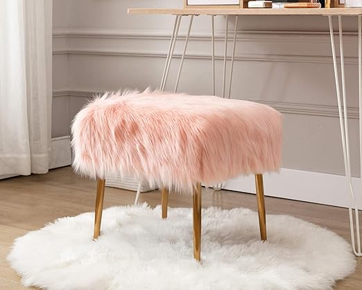 Amazon Com Kmax Fur Small Vanity Stool Pink Fuzzy Square Cute Makeup Stools With Gold Legs For Bedroom Living Room Girls Kitchen Dining