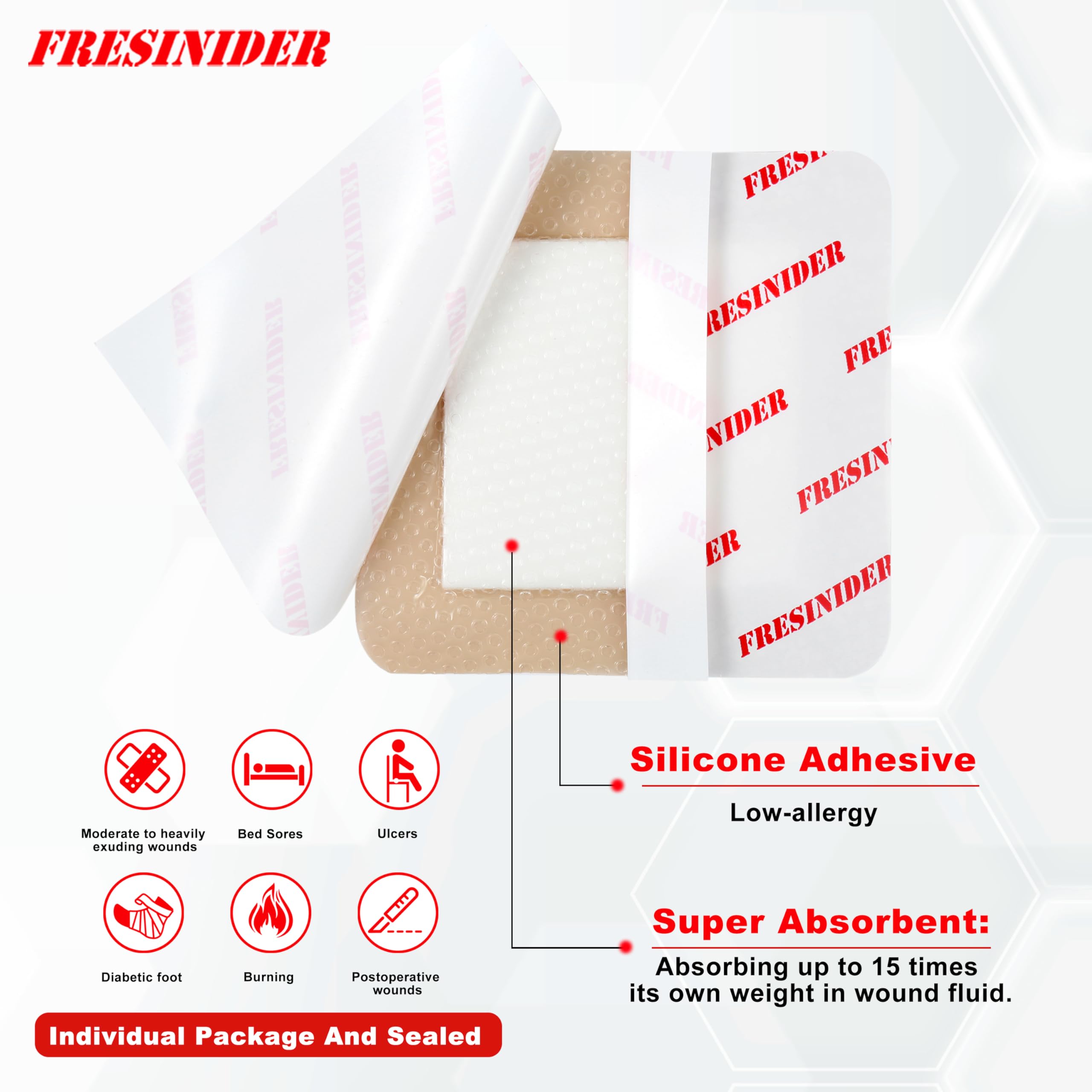 FRESINIDER Silicone Foam Dressing with Adhesive Border – Wound Dressing Bandage – Silicone Foam Pad – Pack of 10 – 4 x 4 Inches Large Waterproof Bandages – Self Adhesive Wound Care and Dressings