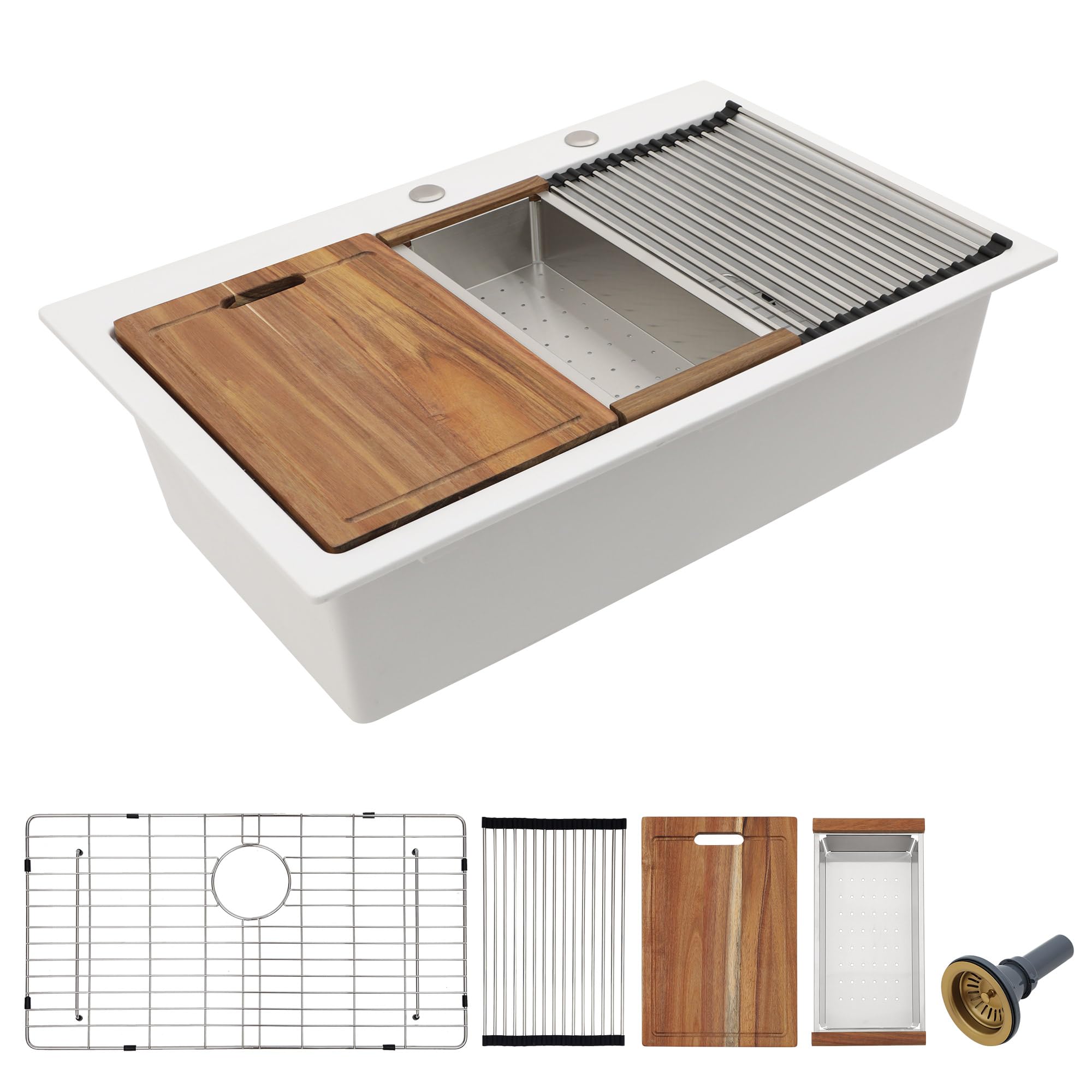 Photo 1 of * BASIN BROKEN, SELLING FOR PARTS ONLY * 33 Granite Composite Kitchen Sink - Fulorni 33"x22" Granite Kitchen Sink Ledge Workstation Drop In Topmount Speckled White Quartz Classic Above Counter Single Bowl Sink Basin