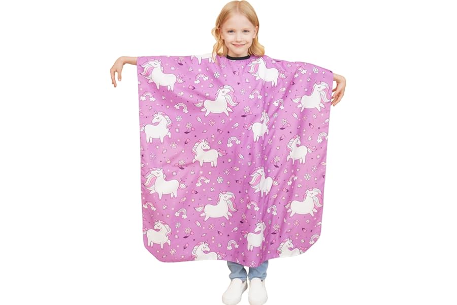 Iusmnur Kids Barber Cape, 51″x36″ Professional Salon Hair Cutting Cape with Adjustable Neck Strap, Unisex Kids Haircut Cape for Hairdresser and Stylist (Rainbow Unicorn)