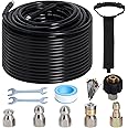 Zejoot 150FT Sewer Jetter Kit for Pressure Washer, 5800PSI Drain Cleaner Hose 1/4 Inch NPT Corner with 4 Sewer Jetting Nozzles，Waterproof Tape，Pearl Corsage Pin，Handle Strap & 2 Spanners (Black)