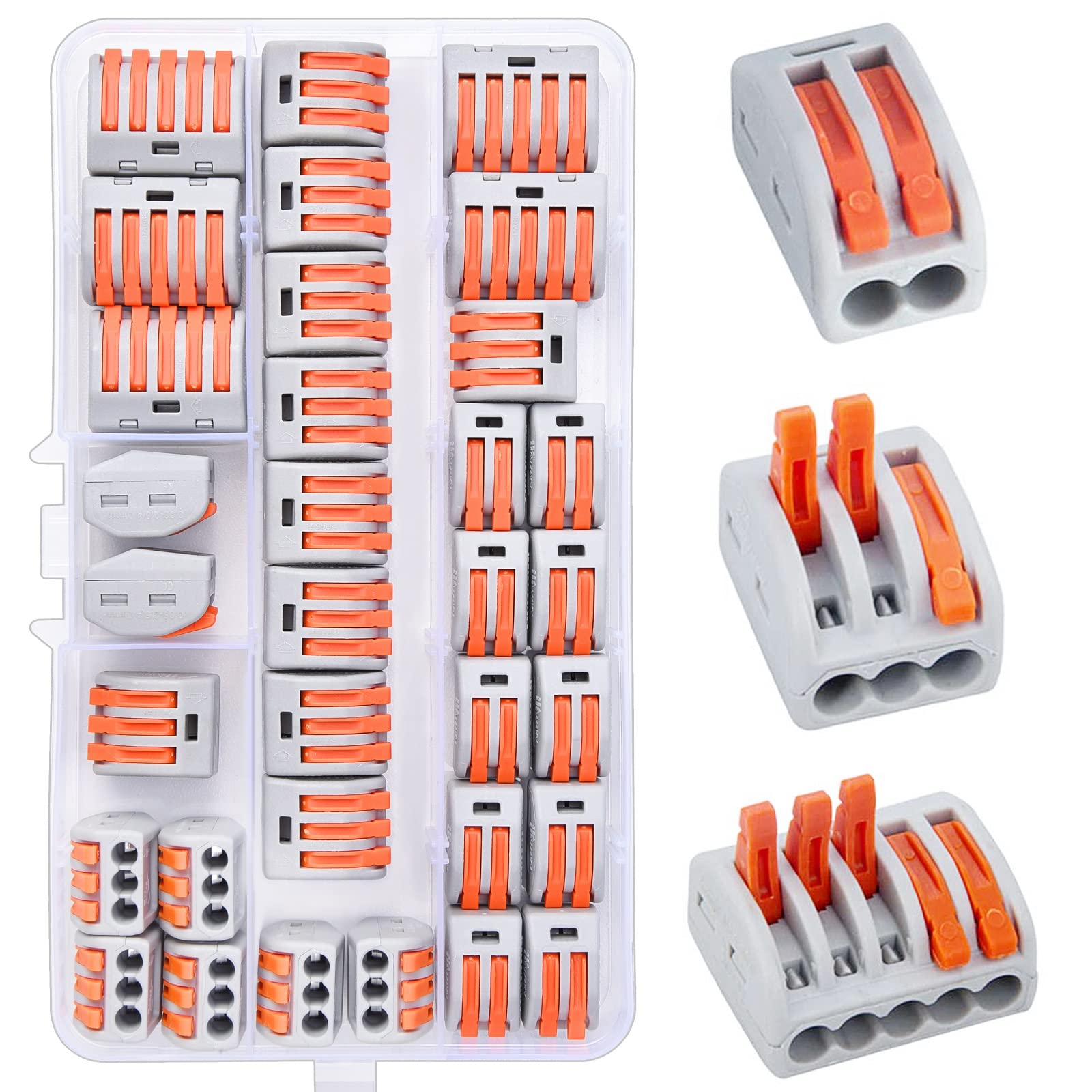 Compact Wire Connectors, Preciva 33pcs Push Fit Electrical Blocks, Splicing Lever Nut Assortment Terminal Block kit with 18pcs Clamp 3-Port, 10pcs for 2-Port, 5pcs for 5-Port