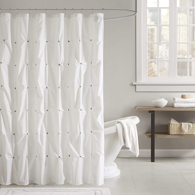 Farmhouse Shower Curtain White, Fabric Shower Drape Pintuck