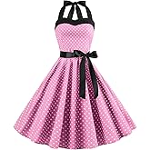 Women Halter Neck 50s Vintage Cocktail Party Swing Dress Retro Polka Dots 1950s Audrey Hepburn Rockabilly Prom Dress Pinup Spring Garden Short Flared A-Line Wedding Formal Tea Dress Pink-Halter XXL