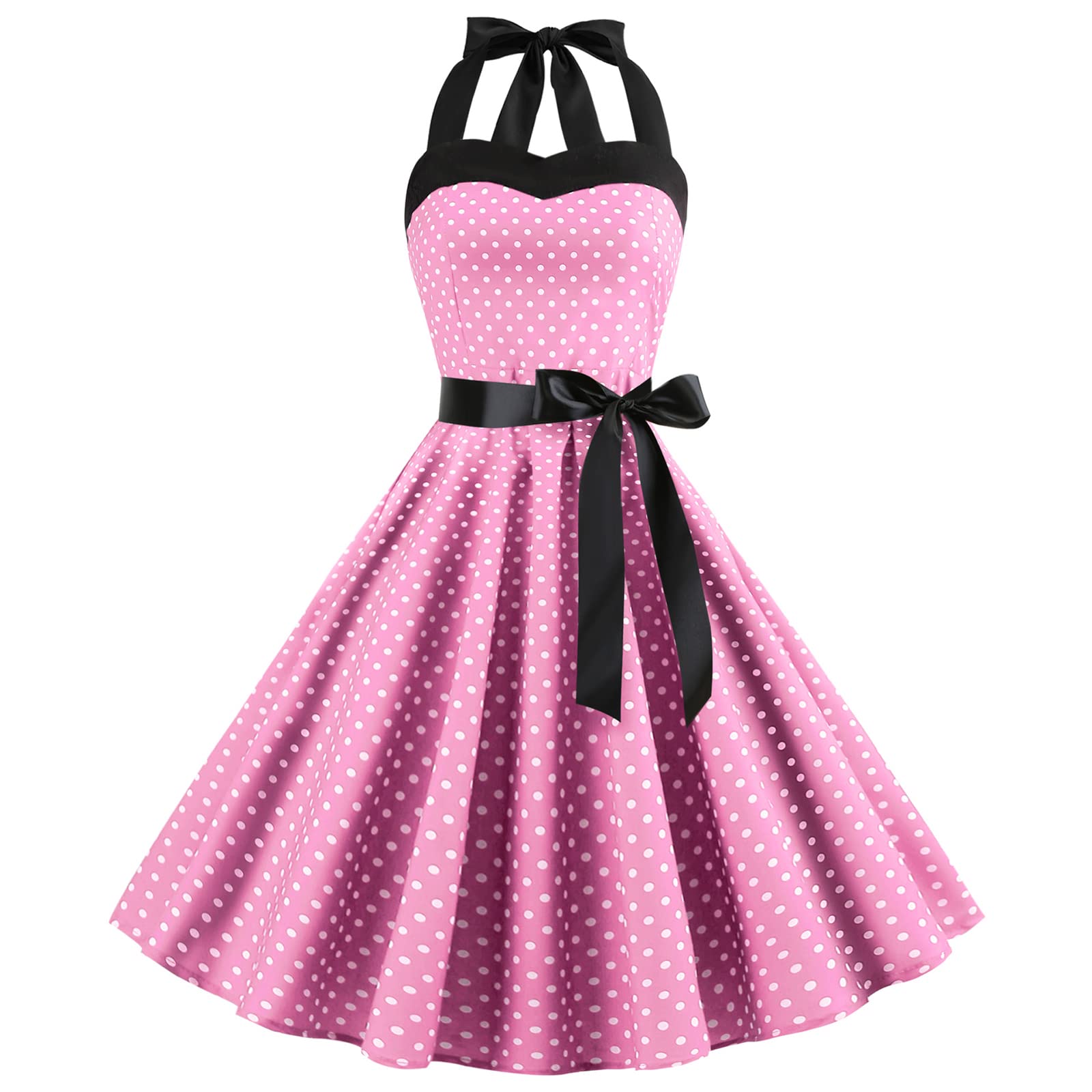 Photo 1 of **MINOR DAMAGED**
Women Halter Neck 50s Vintage Cocktail Party Swing Dress Retro Polka Dots 1950s Audrey Hepburn Rockabilly Prom Dress Pinup Spring Garden Short Flared A-Line Wedding Formal Tea Dress Pink-Halter L
